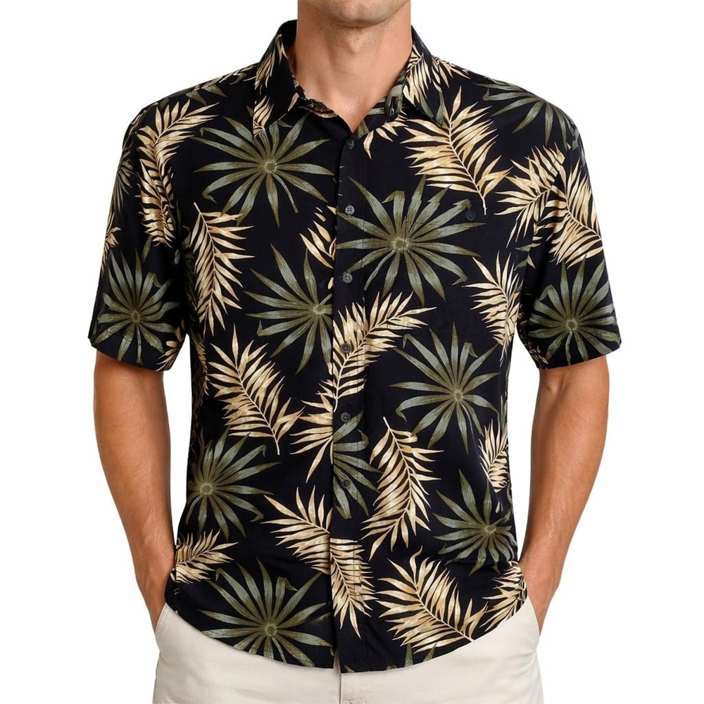 Van Heusen Hawaiian Aloha Shirt Large Floral Tan Green Tropical Leaves Black